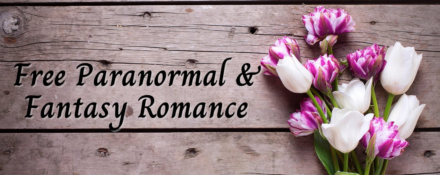 Promotional banner for free paranormal and fantasy romance books, featuring pink and white tulips arranged on rustic wooden planks.