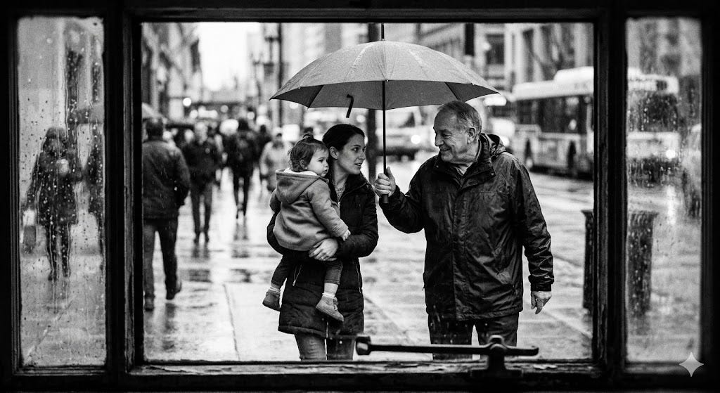 A candid, grainy black-and-white photograph viewed through a window pane, showing an older man smiling as he holds an umbrella over a young woman carrying a small child on a rainy city street.