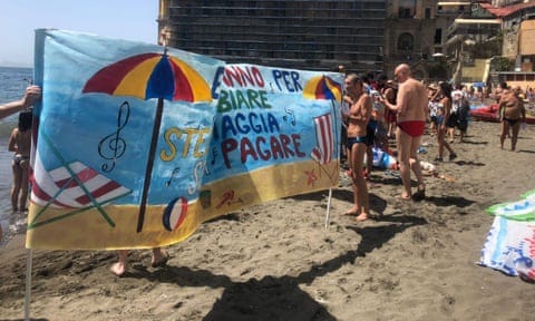 A protest for free beaches in Pulcinella, Naples.