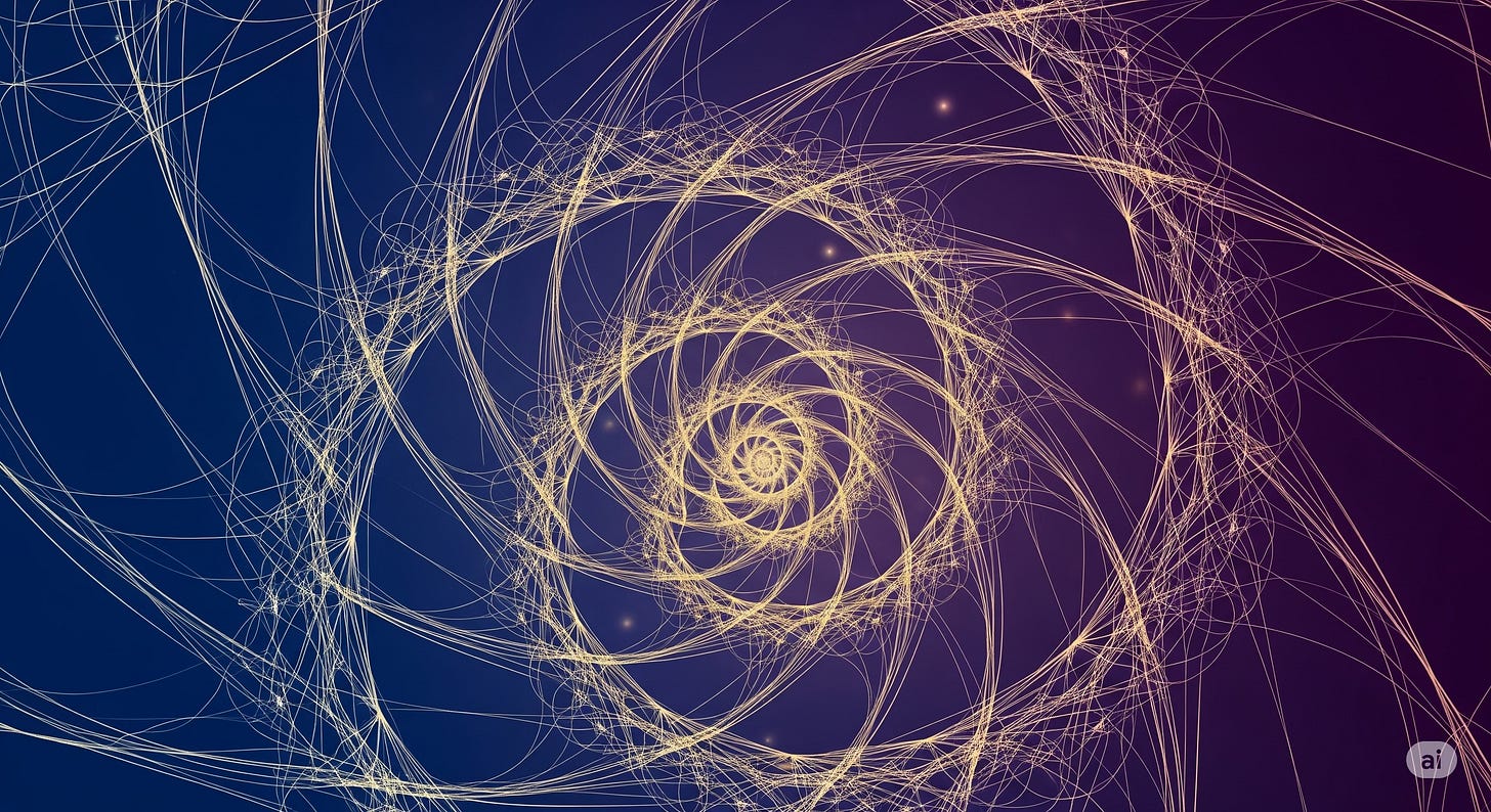 An abstract digital graphic of a complex spiral made of many thin, glowing, golden lines. The intricate spiral is centered against a dark background that gradients from deep blue to purple, suggesting energy and evolution. An abstract digital graphic of a complex spiral made of many thin, glowing, golden lines. The intricate spiral is centered against a dark background that gradients from deep blue to purple, suggesting energy and evolution.