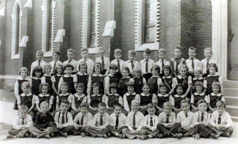 A young Bruce Springsteen is in the bottom row, third from left, in this  photo taken on the side of St. Rose of Lima Church in Freehold, N.J.  Probably 1954 or 1955.