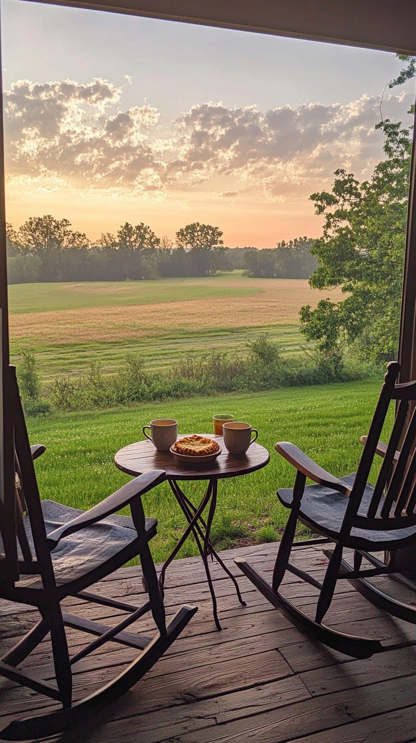 A serene view of a sunset over a green field, seen from a porch with two rocking chairs and a small table holding two cups and a pie.