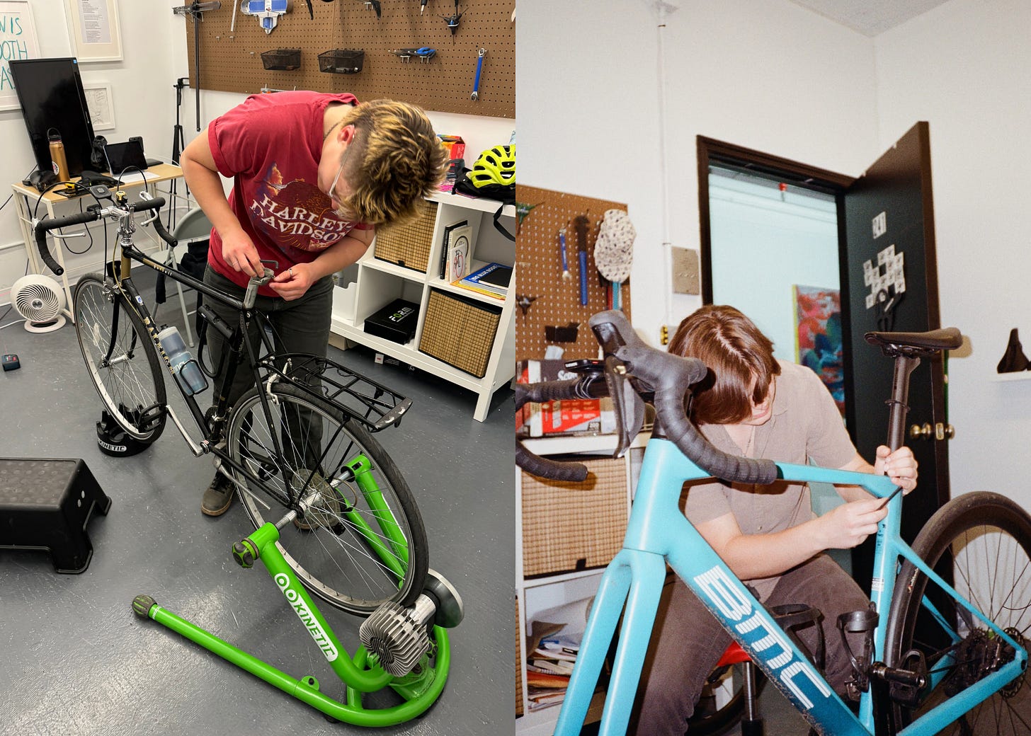 Two photos of AM Van Doren doing bike fits on two different bikes.