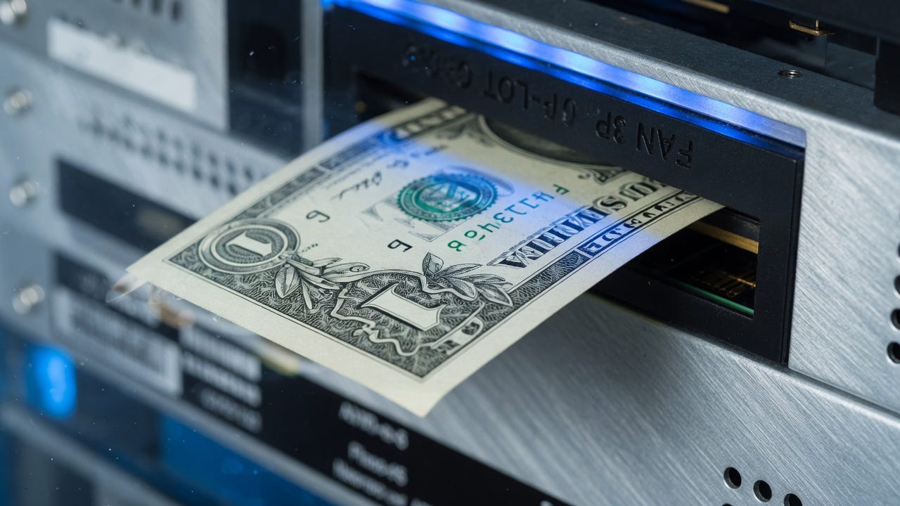 Physical dollar bill being inserted into server rack slot against cold aluminium datacenter hardware, sterile blue lighting
