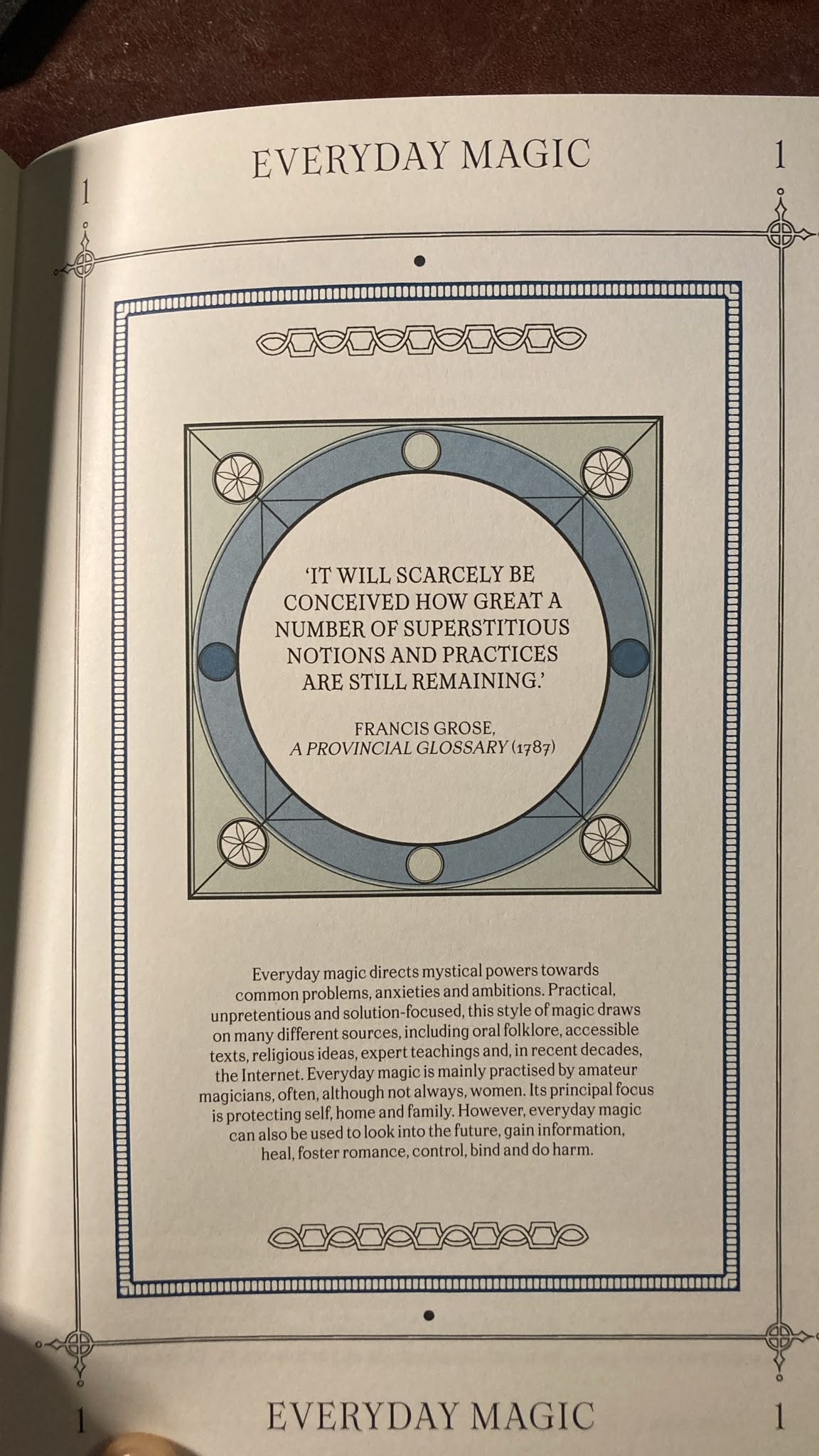 Ornately designed opening page of the Everyday Magic chapter in Thomas Waters’ Magick, featuring a quotation from Francis Grose dated 1787 and an introduction to magical practices used in daily life. Ornately designed opening page of the Everyday Magic chapter in Thomas Waters’ Magick, featuring a quotation from Francis Grose dated 1787 and an introduction to magical practices used in daily life.