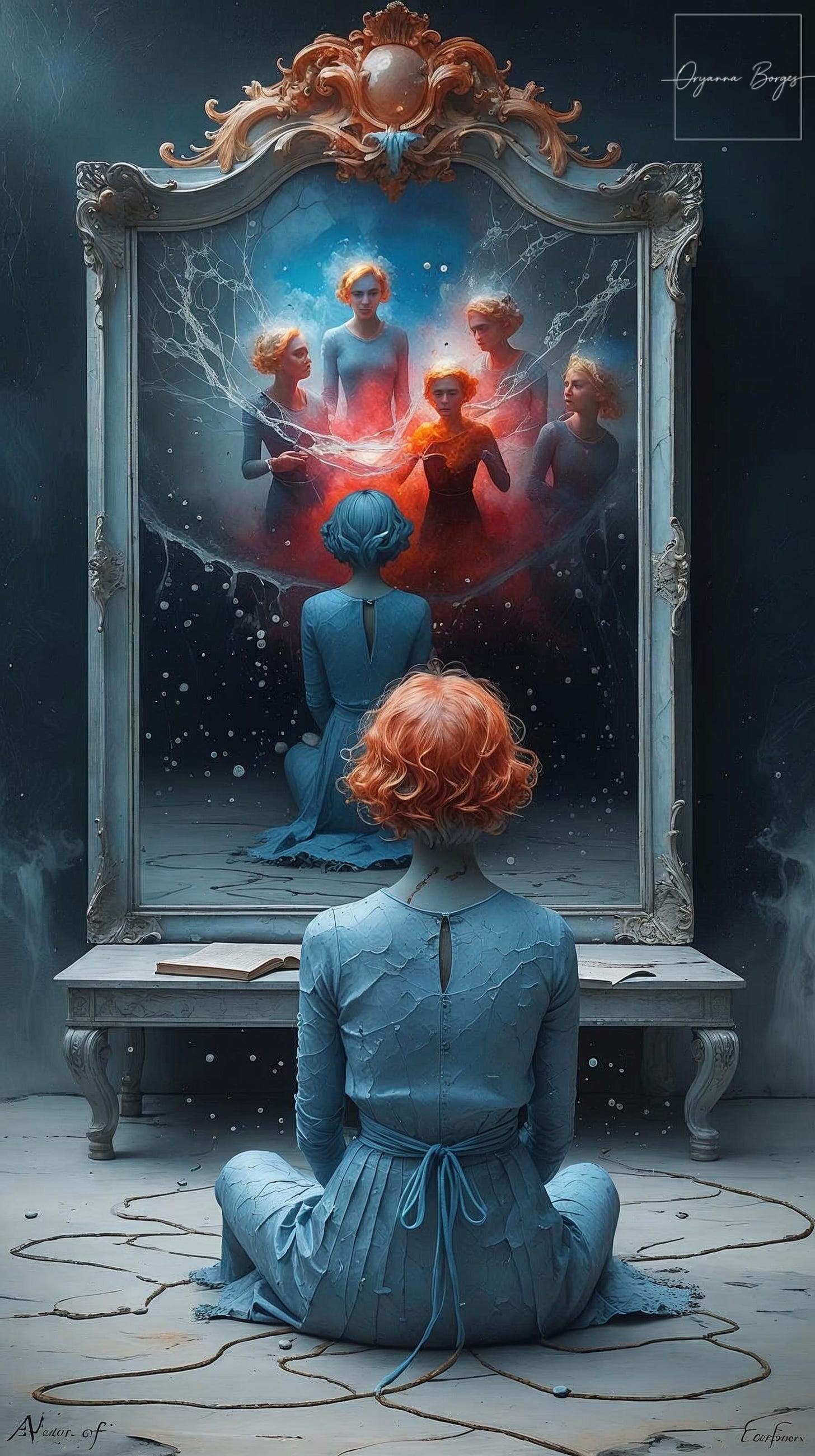 Imagem intitulada "A Tecelã", acompanhando o poema Divagação. Uma mulher de costas observa um espelho barroco que reflete múltiplas versões de sua identidade em tons de azul. Sobre a mesa, referências a Velázquez, Eric Kandel e Dorothy Tennov. Representação visual da neurodivergência e da empatia estética.