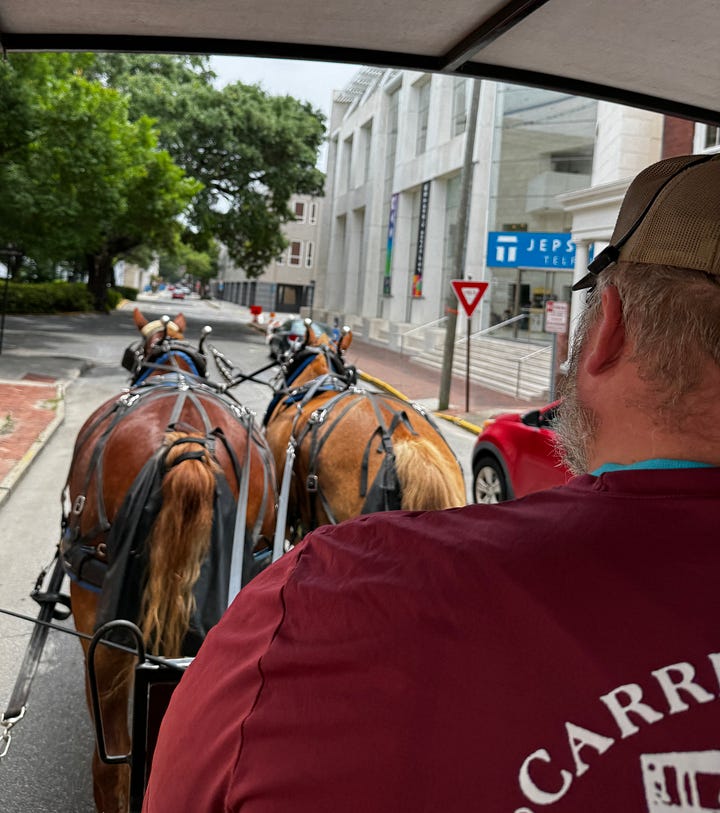 Clockwise from top left: Seeing Savannah by horse drawn carriage; the St. John the Baptist Cathedral in Savannah, with roots dating to 1796; historical marker commemorating the Revolutionary War siege of Charleston; the young bartender in Charleston who settled halfway between her hometown in Miami and her university in Washington, D.C.