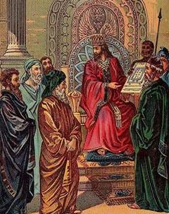 Solomon and the plan for the First Temple, illustration from a Bible card published by the Providence Lithograph Co. Solomon and the plan for the First Temple, illustration from a Bible card published by the Providence Lithograph Co.