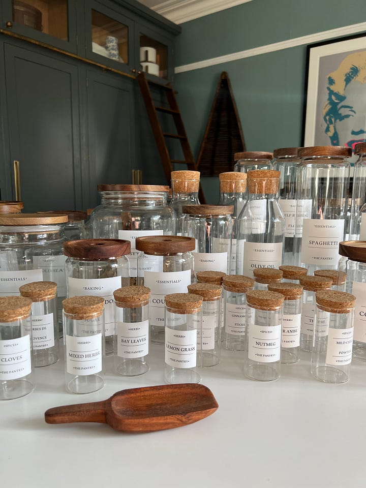 Hard with labels on and a pantry.