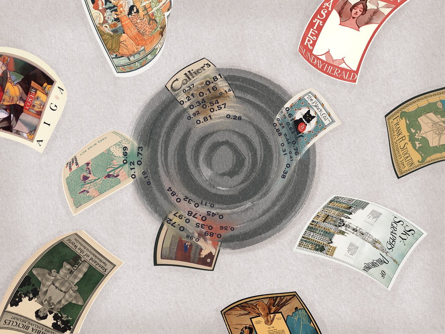 An abstract spiral of dark circles appears at the centre, resembling a tornado. Several vintage magazine covers and advertisements are being drawn toward the spiral. The artworks that have already been pulled into it are becoming distorted and replaced with clusters of numbers representing their numerical embeddings.