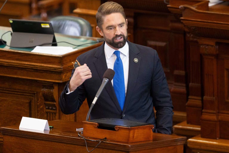 Rep. Jeff Leach, R-Allen, speaks during the prosecutions closing arguments during Texas Attorney General Ken Paxtons impeachment trial in the Senate chamber at the Texas Capitol in Austin on Friday, Sept. 15, 2023.