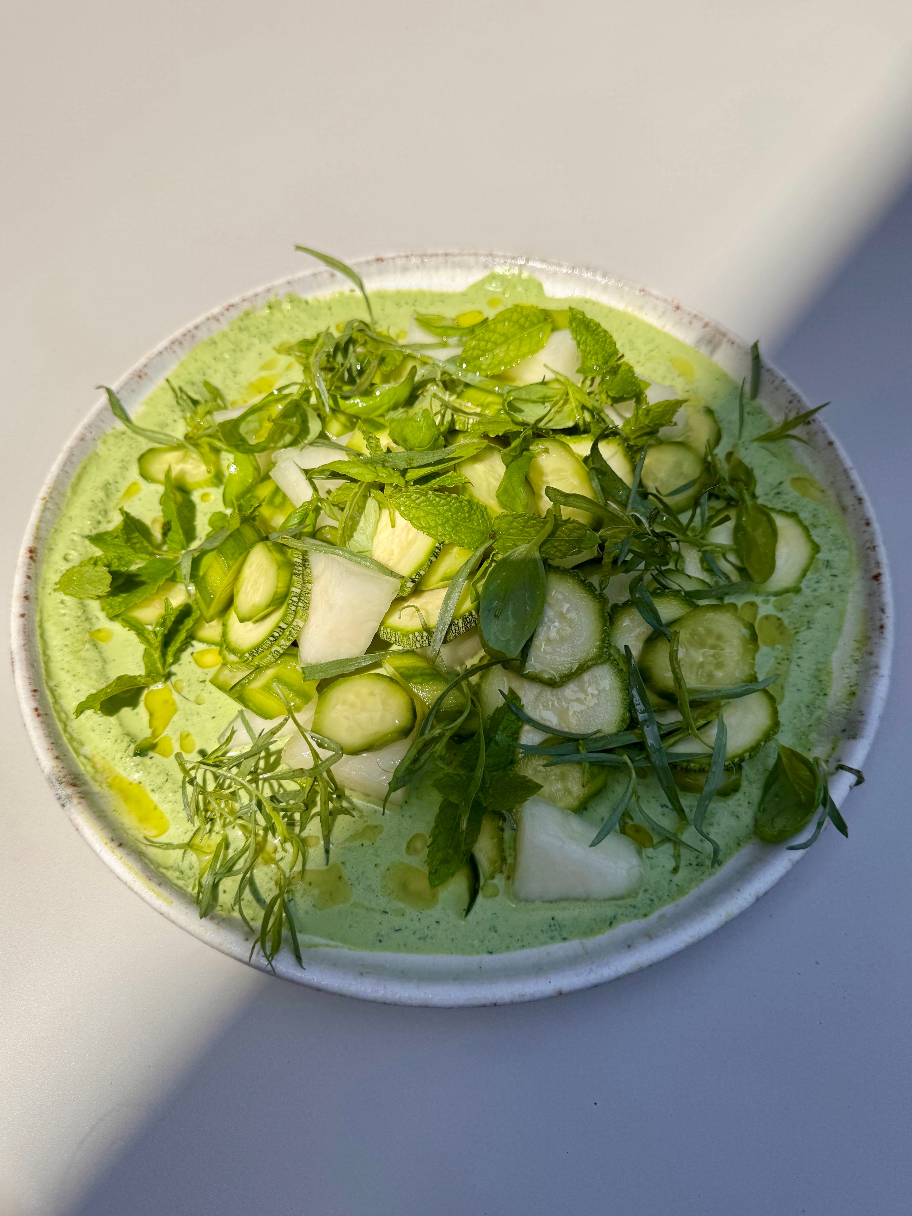 Melon, cucumber + herby green yoghurt freezer salad