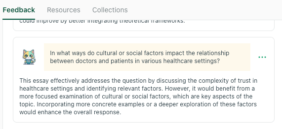 thesify feedback noting that while the essay addresses trust in healthcare, it needs a more focused examination of cultural factors.
