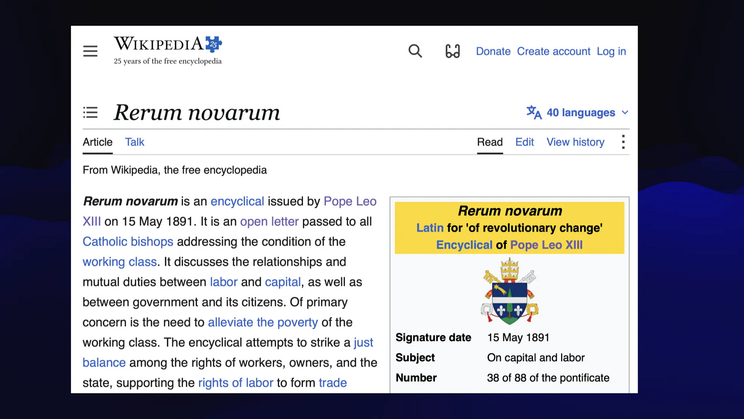 Wikipedia article on Rerum novarum

Rerum novarum is an encyclical issued by Pope Leo
XIII 15 on May 1891.