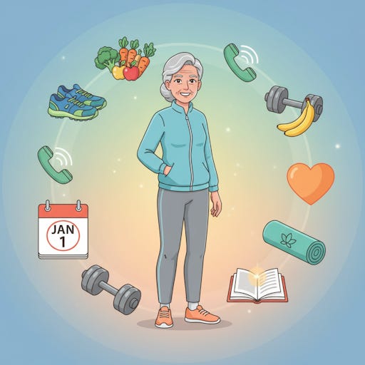 A woman surrounded by icons of resolutions, like vegetables and shoes. A woman surrounded by icons of resolutions, like vegetables and shoes.