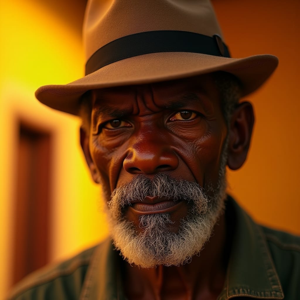 Middle-aged Jamaican real estate agent with worn, wise features and a charismatic presence, set against a warm, golden-hued backdrop, evoking the vibrant culture of the Caribbean. His eyes, a deep, soulful brown, sparkle with a hint of wisdom and authority, as if illuminated by the soft, cinematic glow of a setting sun