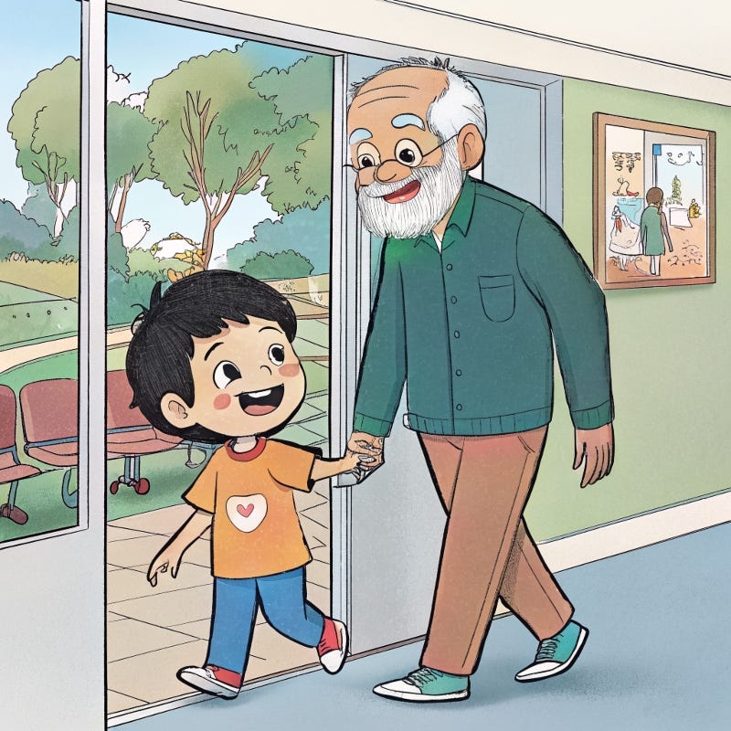 an illustration of an adorable little Asian boy with black hair holding hands with his grandpa. They are smiling as they walk out of a doctor’s office.