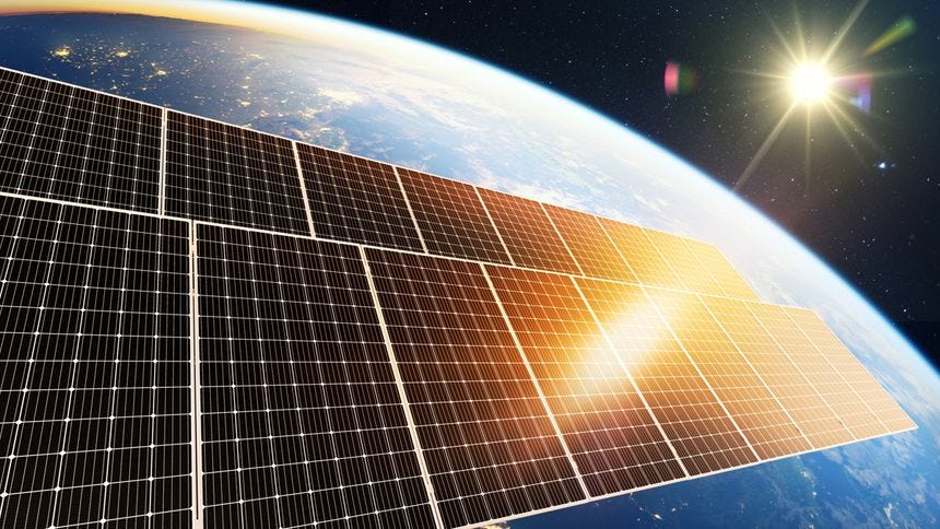 Solar panels are shown in orbit above Earth with the sun shining brightly, illustrating space-based solar power generation. Solar panels are shown in orbit above Earth with the sun shining brightly, illustrating space-based solar power generation.