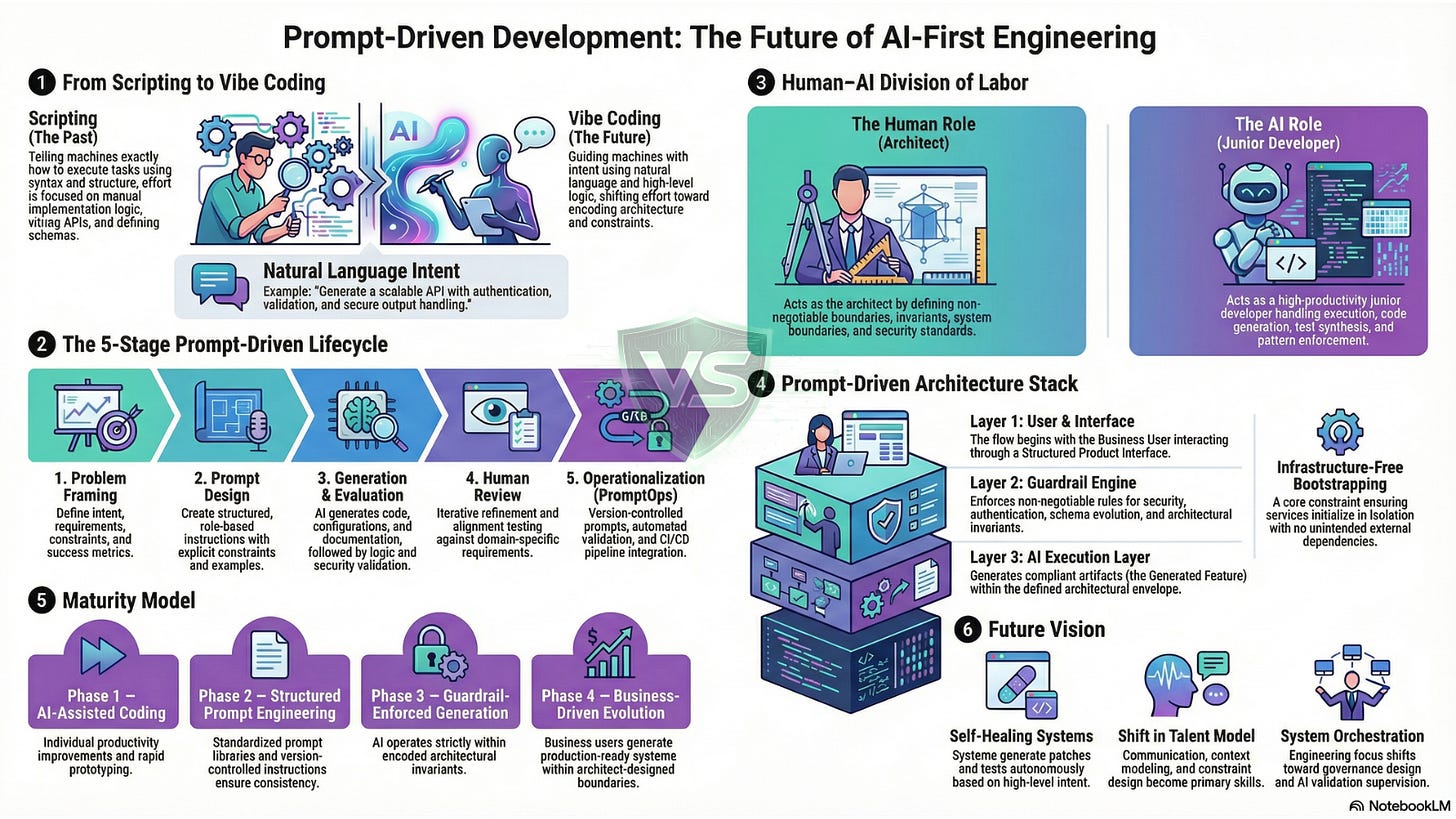 Infographic titled “Prompt-Driven Development: The Future of AI-First Engineering,” showing the shift from scripting to vibe coding, a five-stage lifecycle, human–AI division of labor, a three-layer architecture stack, a maturity model, and future vision themes like self-healing systems and orchestration.