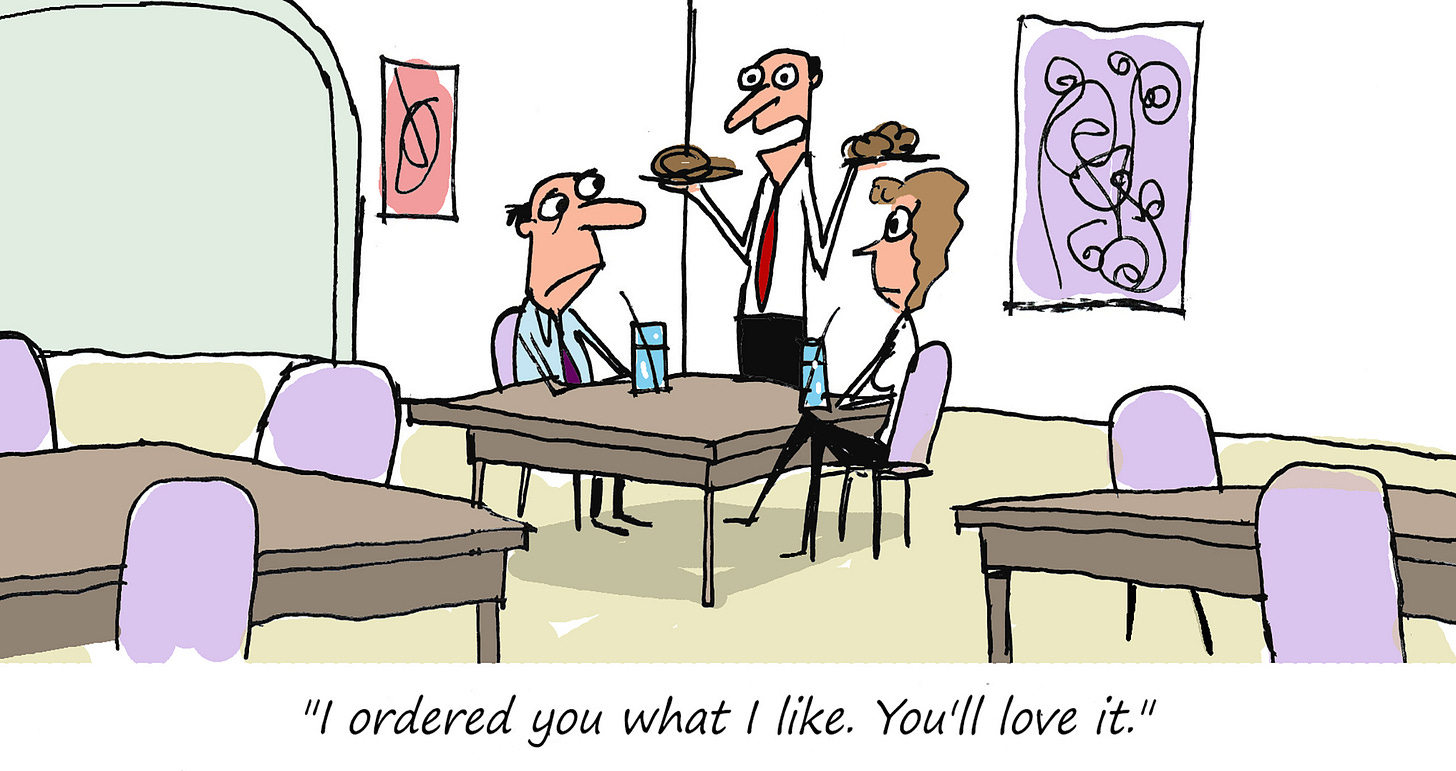 A manager serves food to two employees at a restaurant table. Caption: "I ordered you what I like. You'll love it."