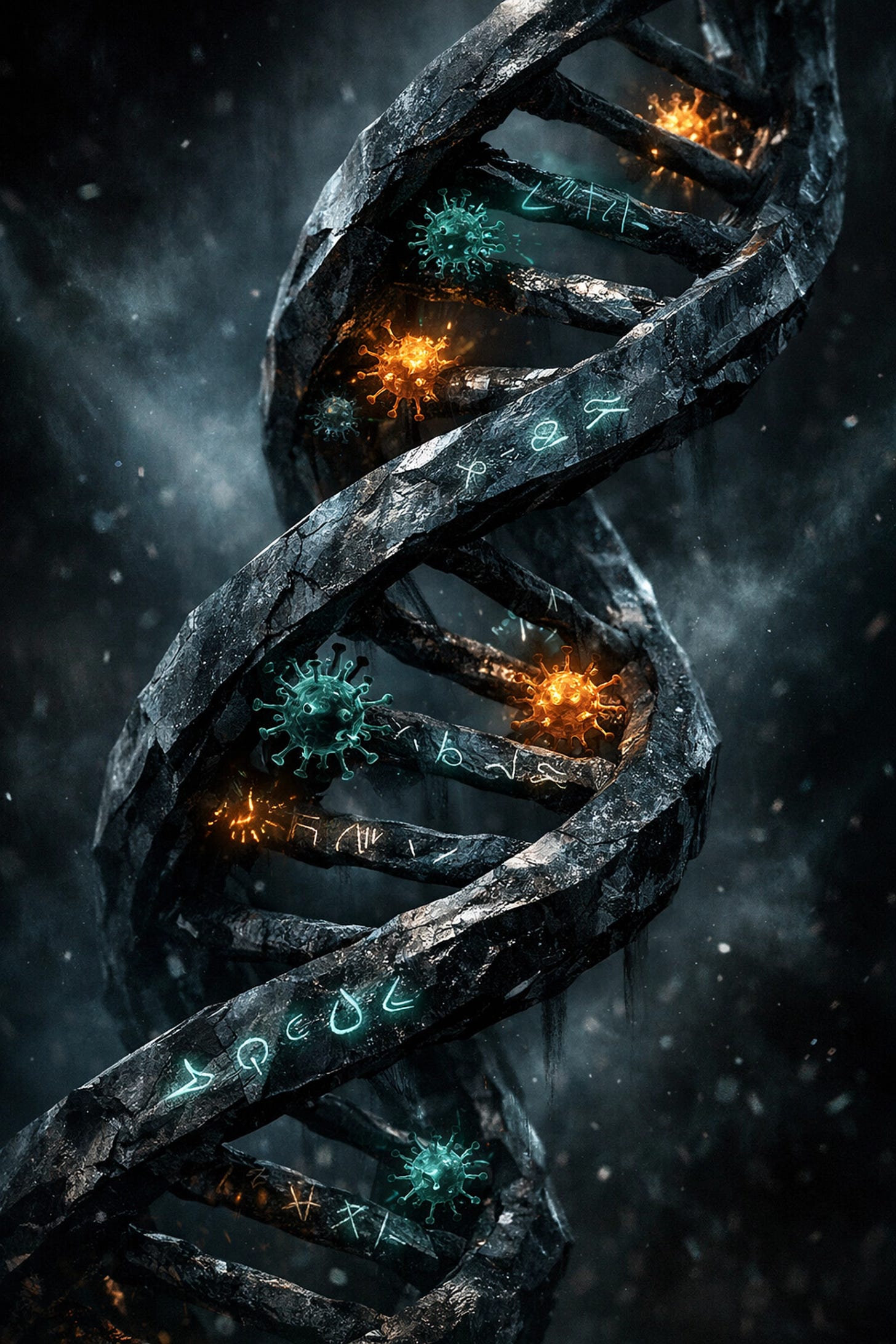 Glowing DNA double helix with ancient glyphs representing non-human viral genetic code.