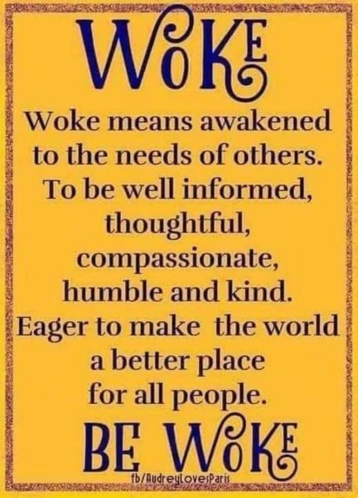 May be an image of text that says 'Woke means awakened to the needs of others. To be well informed, thoughtful, compassionate, humble and kind. Eager to make the world a better place for all people. BE fb/AudreyLovesParis'