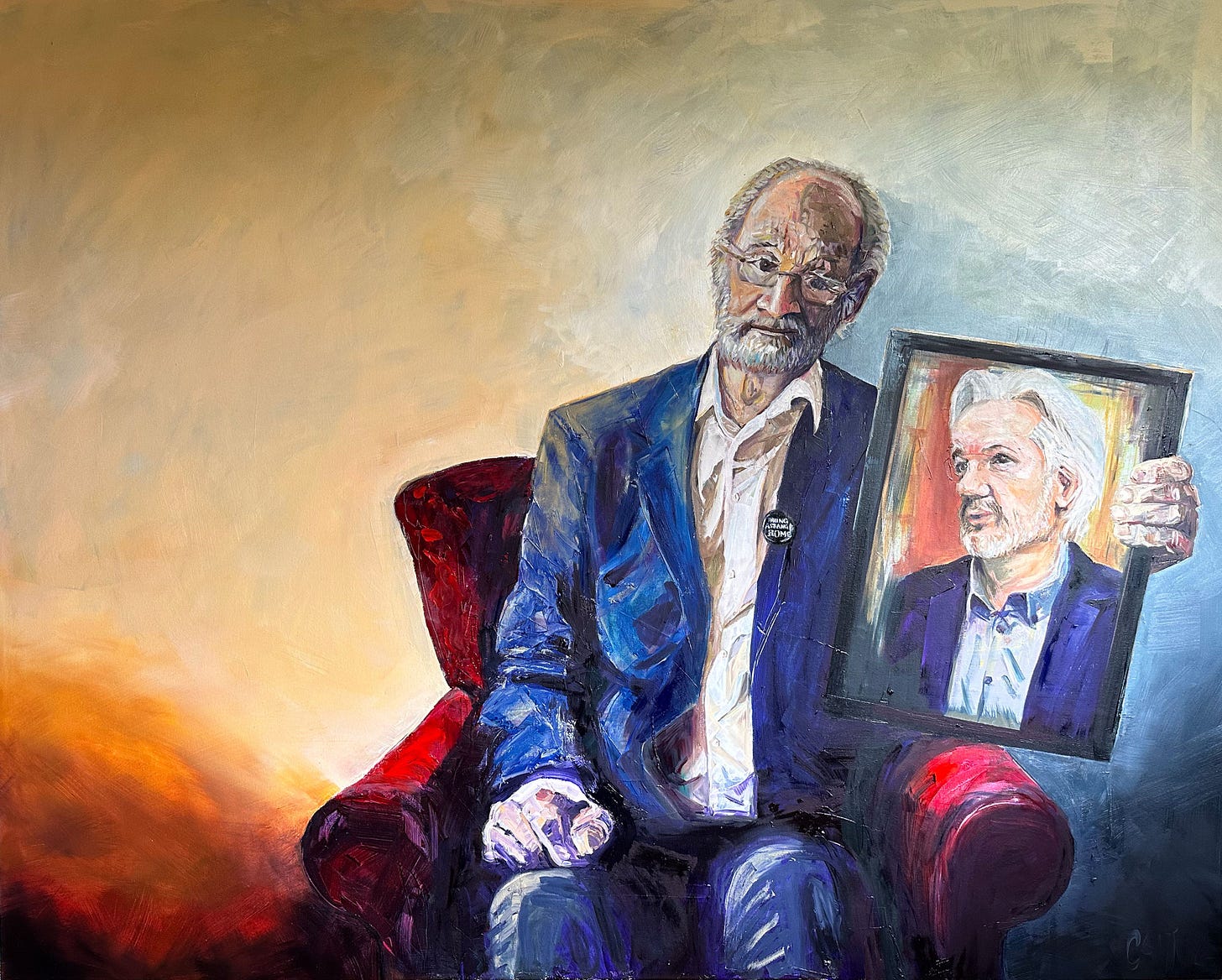 Portrait of John Shipton Holding a Portrait of His Son Julian Assange by Caitlin Johnstone