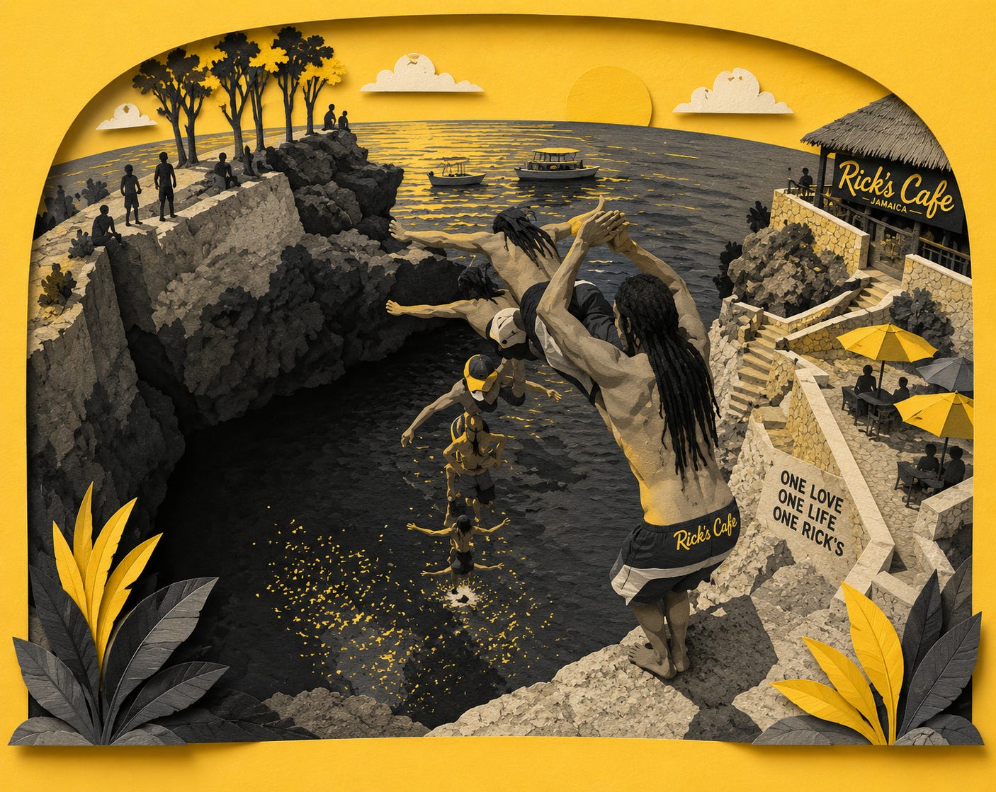 Rick’s Cafe has become more than a cliffside bar. It is now part of the identity of Westmoreland itself, where courage, freedom, tourism and Caribbean energy meet above the sea. This illustration captures the rhythm of Negril through the famous cliff jumpers, the golden sunset, the boats drifting offshore and the atmosphere that has drawn visitors from around the world for decades. The yellow and grayscale style gives the scene a timeless Jamaican warmth while still feeling modern, bold and cinematic. A place where fear meets freedom, and where Westmoreland continues to sell not just land or tourism, but a feeling.