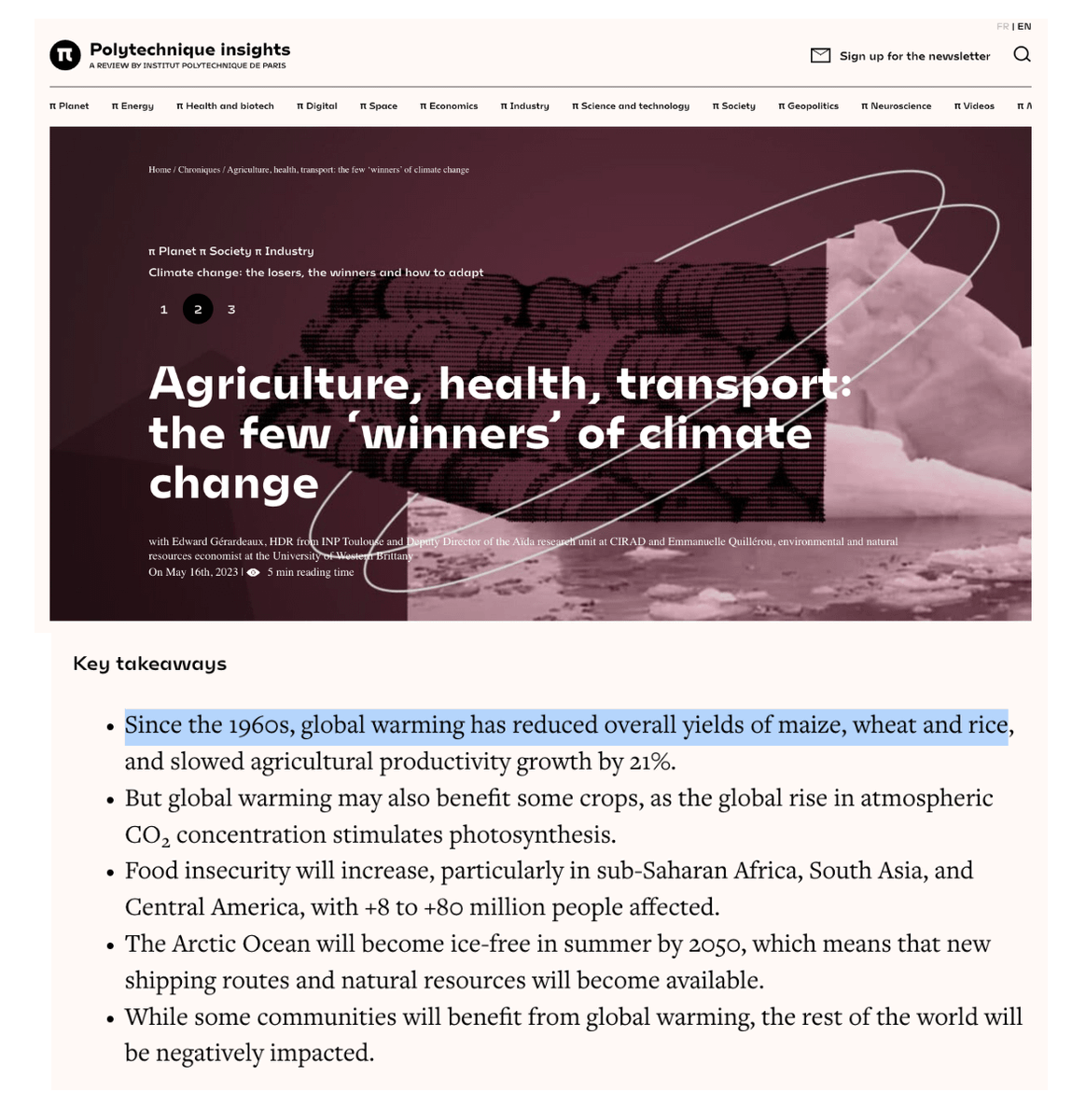 A webpage screenshot from Polytechnique Insights with text and graphics. The text includes "Agriculture, health, transport: the few \'winners\' of climate change" in large white font on a dark background with a blurred mountain image. Additional text lists key takeaways about global warming and crop yields. No visible watermarks.