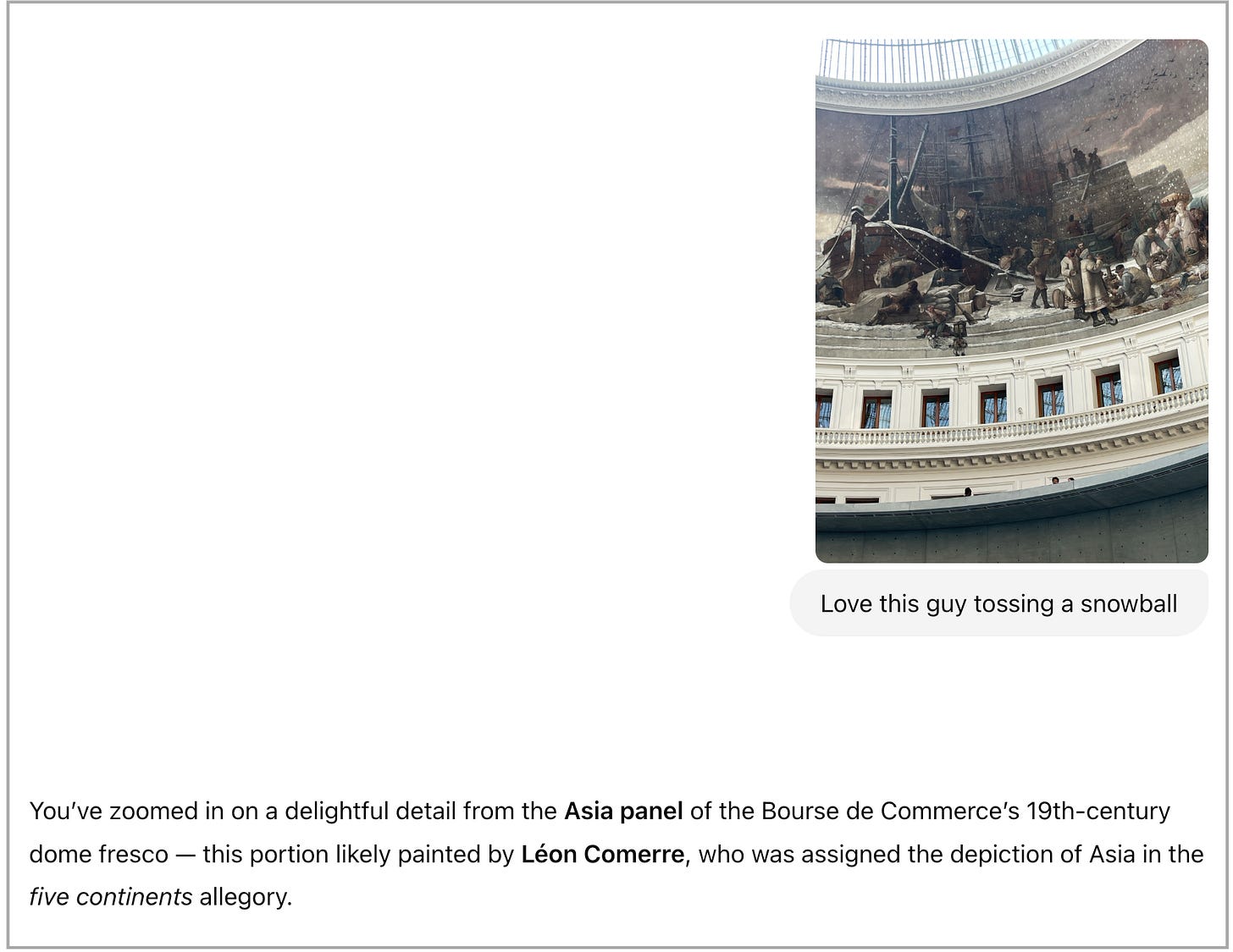 Sometimes the best discoveries are the tiny, human ones Alt text: Screenshot showing my question about fresco detail and ChatGPT's response about the playful snowball thrower