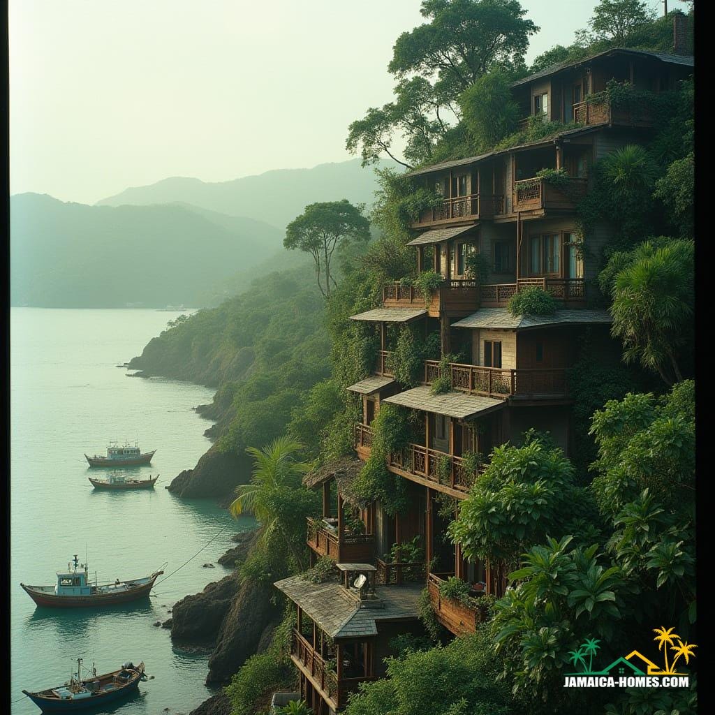 Port Antonio’s lush coast reimagined with a vertical village spiraling upward like a natural mountain, timber balconies inspired by Jamaican homes, sky-gardens bursting with tropical plants, fishing boats and parked cars adding realism, morning mist rolling over the hills in the background.