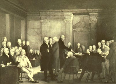 Congress Voting Independence (1784-1788) is an unfinished work by Englishman Robert Edge Pine. It shows the interior of Independence Hall in Philadelphia (National Park Service).