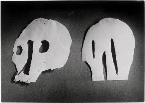 During WW2, Picasso lacked materials but entertained friends with fragile paper constructs: papiers déchirés. This images shows two, a simple 'skull' on the left, and a 'ghost mask' on the right, made of torn paper During WW2, Picasso lacked materials but entertained friends with fragile paper constructs: papiers déchirés. This images shows two, a simple 'skull' on the left, and a 'ghost mask' on the right, made of torn paper