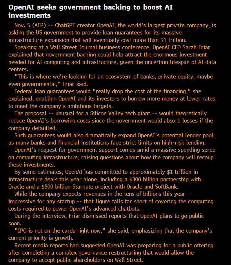 Screenshot of a Bloomberg article page with headline OpenAI Seeks US Government Backing to Boost AI Infrastructure. Text discusses OpenAI requesting loan guarantees from the US government for expansion. Includes quotes from OpenAI CFO Sarah Friar at a Wall Street Journal conference about needing ecosystem support from banks and equity to lower financing costs. Mentions ambitious targets for AI growth and theoretically lower rates reducing borrowing costs as government absorbs losses. Details on banks expanding limits on high-risk lending and partnerships like 3 billion with Oracle and 50 billion Stargate project.