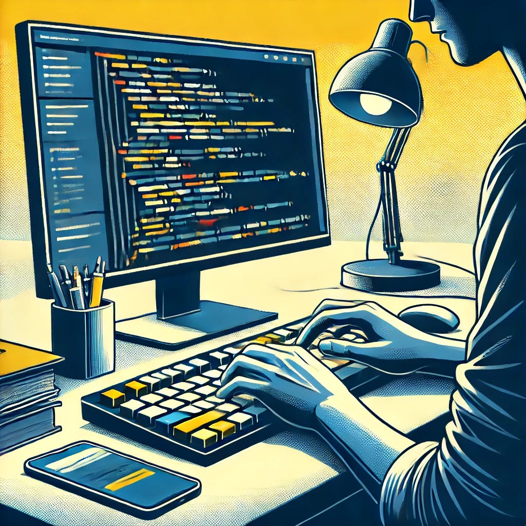 A minimalistic close-up digital illustration of a developer working at a desk. The scene focuses on the developer's hands typing on a keyboard and a portion of a monitor displaying colorful code. The color scheme is clean and focused on deep navy blue (#141824), soft steel blue (#5a7d9a), and vibrant yellow accents. The background is abstract and uncluttered, emphasizing simplicity and creativity in the workspace. The design conveys a modern and professional atmosphere.