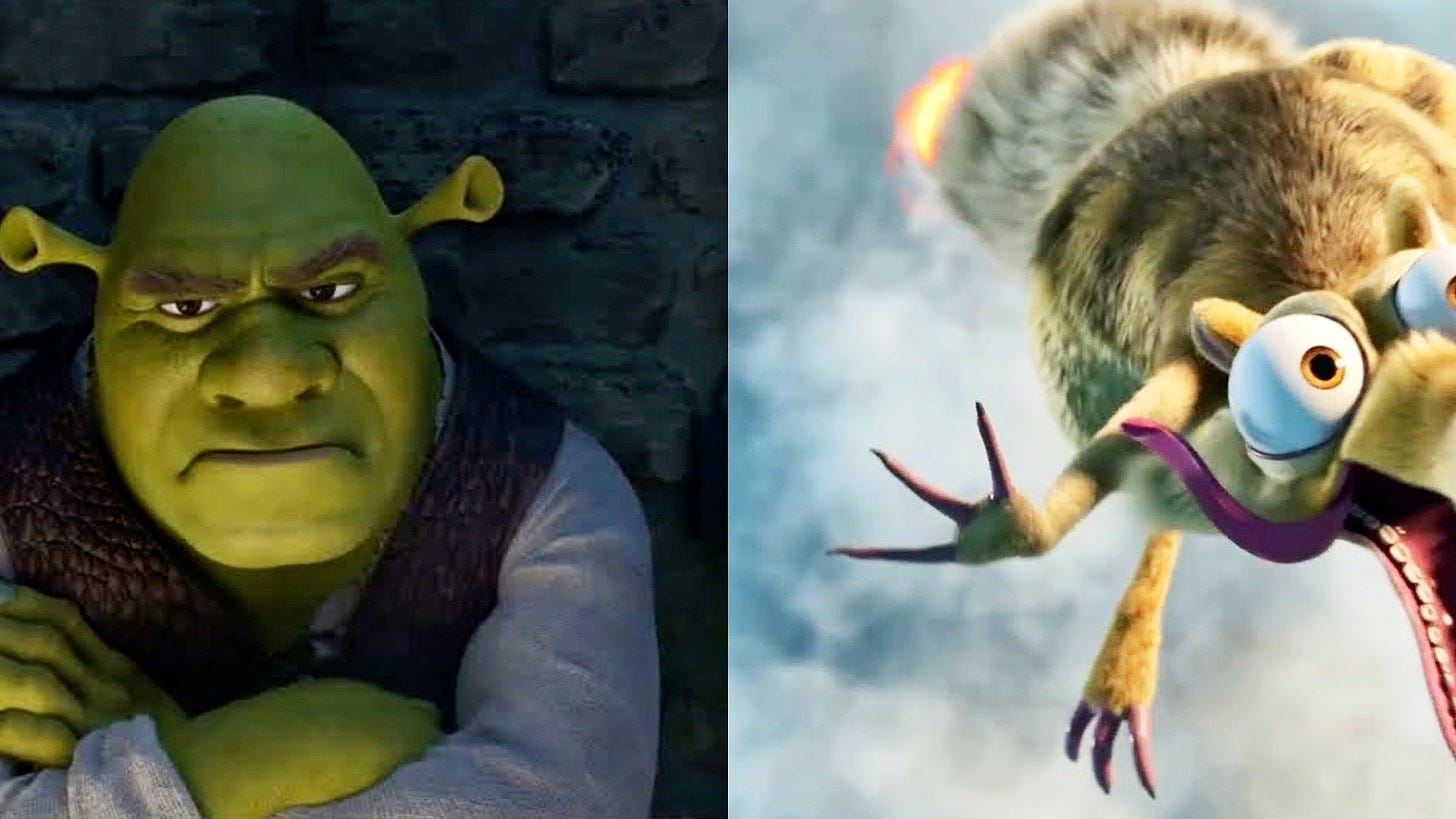Shrek in the Shrek 5 teaser and Scrat in the Ice Age: Boiling Point teaser. Images: Universal Pictures and Disney
