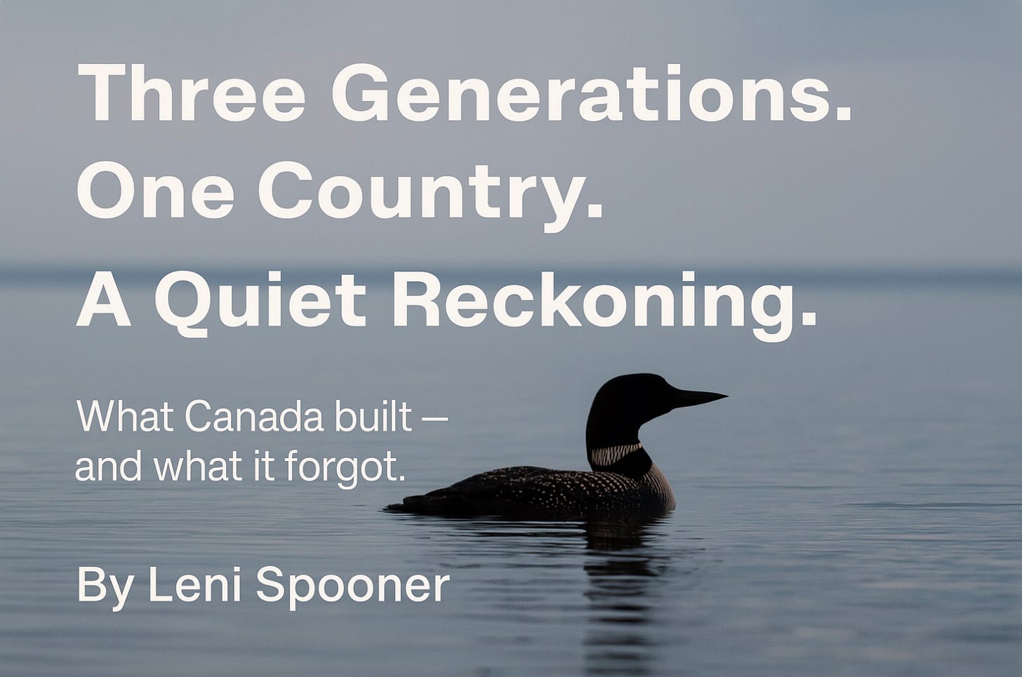 A common loon floating on calm northern water at dawn, its reflection mirrored in the still surface — symbolizing Canada’s quiet strength, continuity, and capacity for reflection.