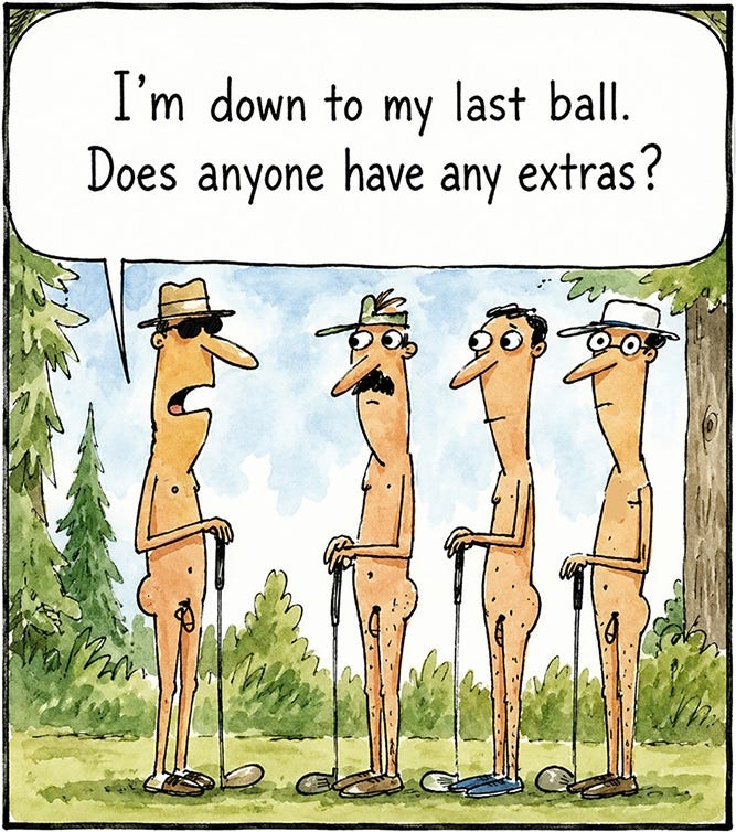 Panel 1: Four nude men stand on a golf course holding clubs. One says, “I’m down to my last ball. Does anyone have any extras?” Panel 1: Four nude men stand on a golf course holding clubs. One says, “I’m down to my last ball. Does anyone have any extras?”