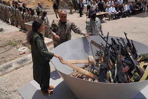 Today a group of PKK guerrilla will lay down their weapon and destroy them.  This is an historical step that follows the "Call for Peace and Democratic Society"  of Abdullah Ocalan and the dissolution of PKK and shows the commitment of the freedom movements toward peace.                                                                                                                                                                     Around 150 people arrived today from Amed (Diyarbakir) to Sulaymaniyah for the cerimony that is set to take place today. The groups includes politicians of kurdish parties, journalists and representatives of the association of the families of detained people. 
