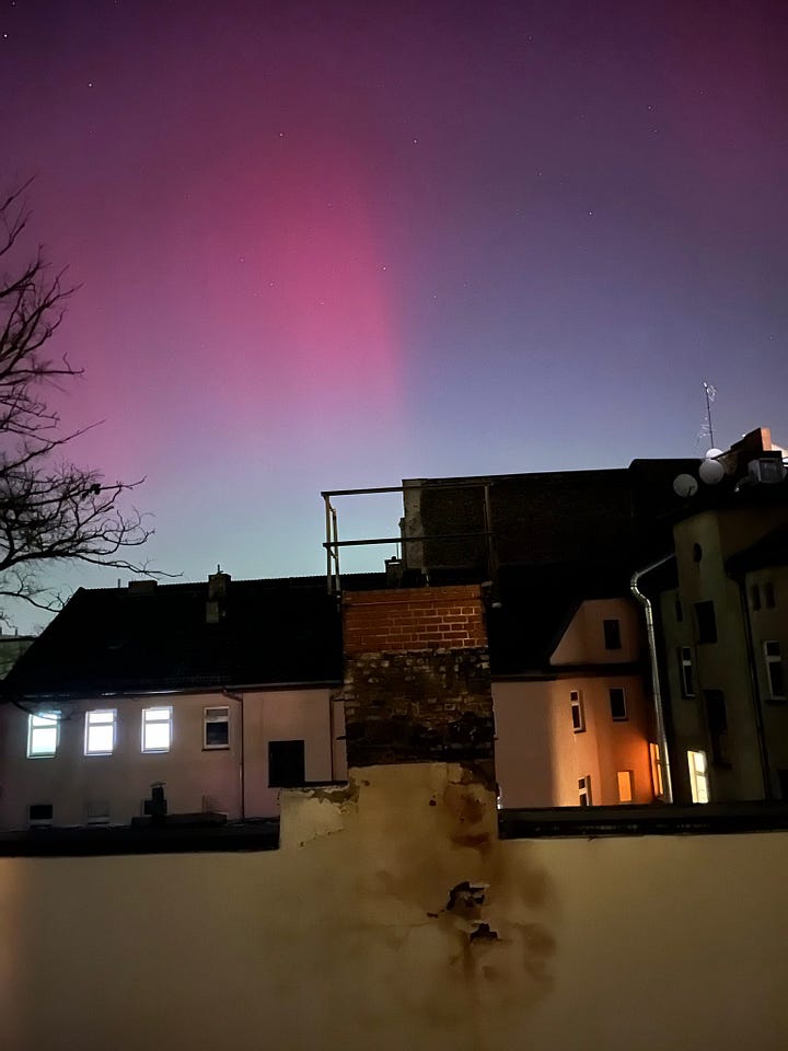 Pink and purple northern lights appear across a nightsky above the roofline of Berlin