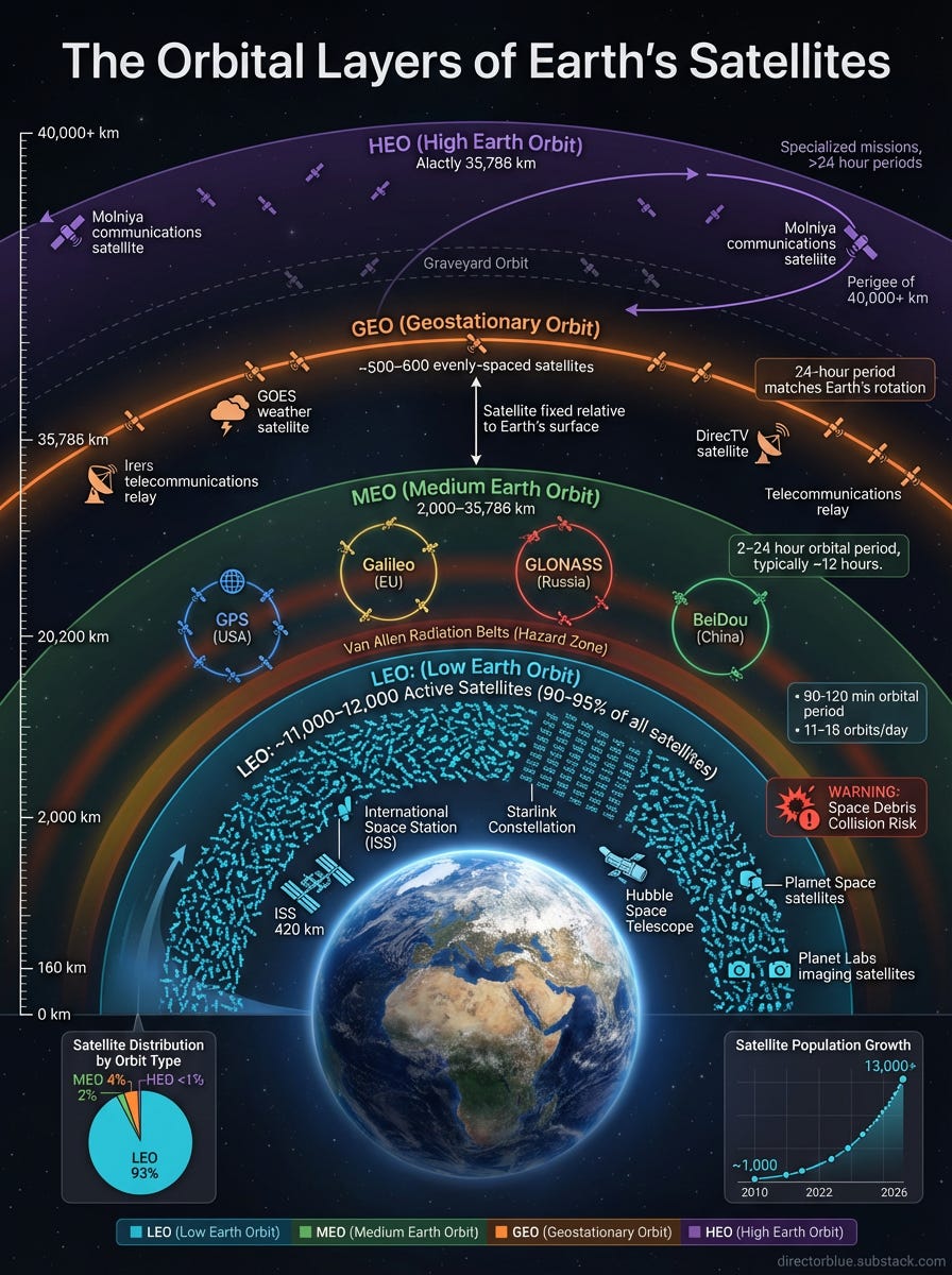 PromptA comprehensive visually stunning 34 vertical infographic titled The Orbital Layers of Earths Satellites depicting all four satellite orbital regimes in a single cohesive data visualizationCentral composition Earth shown at bottom-cent_image_1