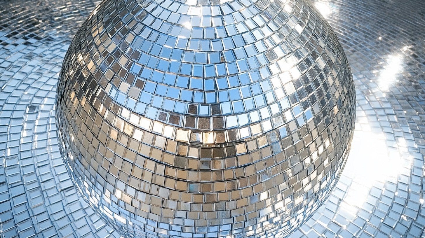 The photo captures a close-up view of a gleaming disco ball, with its multitude of tiny mirrored facets meticulously arranged to reflect the light. Each square mirror catches and bends the light, creating a stunning visual effect that is synonymous with dance floors and lively music venues. The way the light plays off each mirror suggests not just a source of illumination but also a beacon for energy and excitement, often seen as the centerpiece in parties and celebrations.