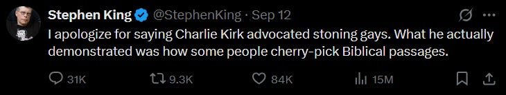 stephen king apology charlie kirk