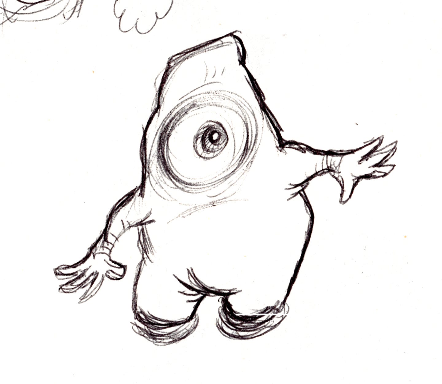 Ballpoint sketch of a weird little one eyed monster.
