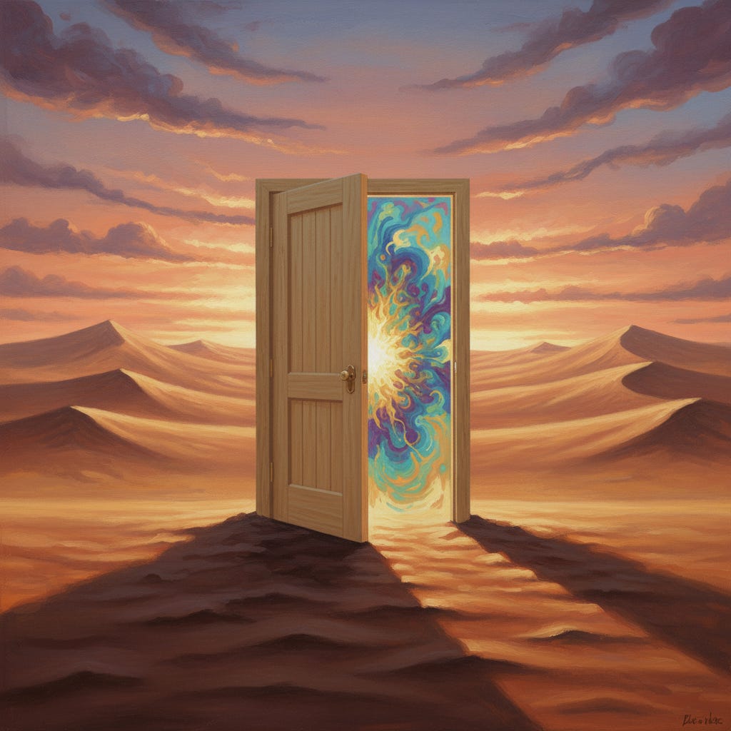 A plain wooden door standing open in the desert at sunset, swirling light spilling through. A plain wooden door standing open in the desert at sunset, swirling light spilling through.