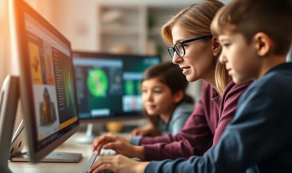 Teacher working with elementary school students at computer workstations in a classroom, demonstrating the type of digital educational resources provided by PBS LearningMedia. Teacher working with elementary school students at computer workstations in a classroom, demonstrating the type of digital educational resources provided by PBS LearningMedia.