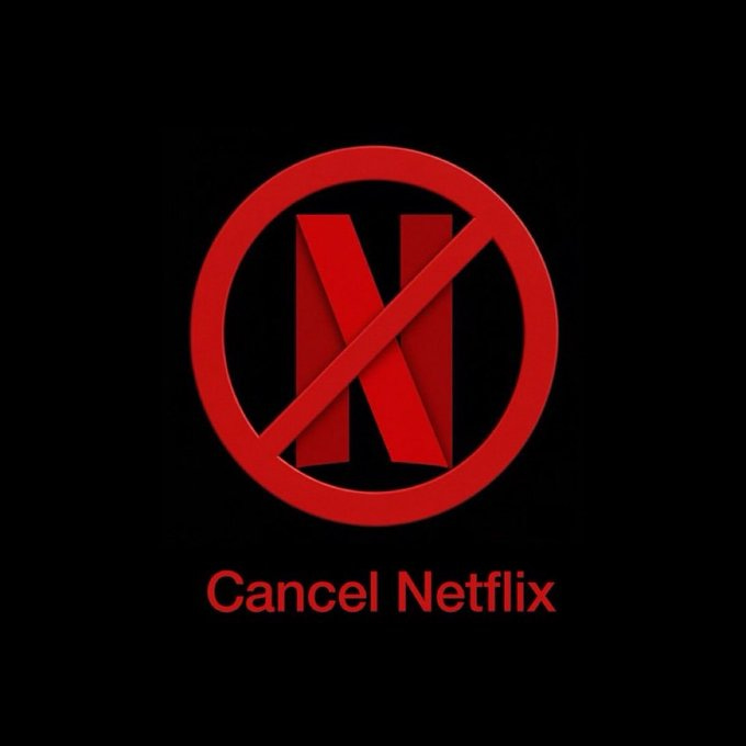 A red circle with a diagonal line crossing through the Netflix logo, featuring a stylized red "N". Below the logo, the text "Cancel Netflix" in red on a black background.