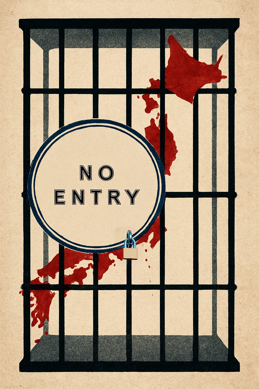 A red map of Japan inside a padlocked cage, with a sign reading: “No entry”