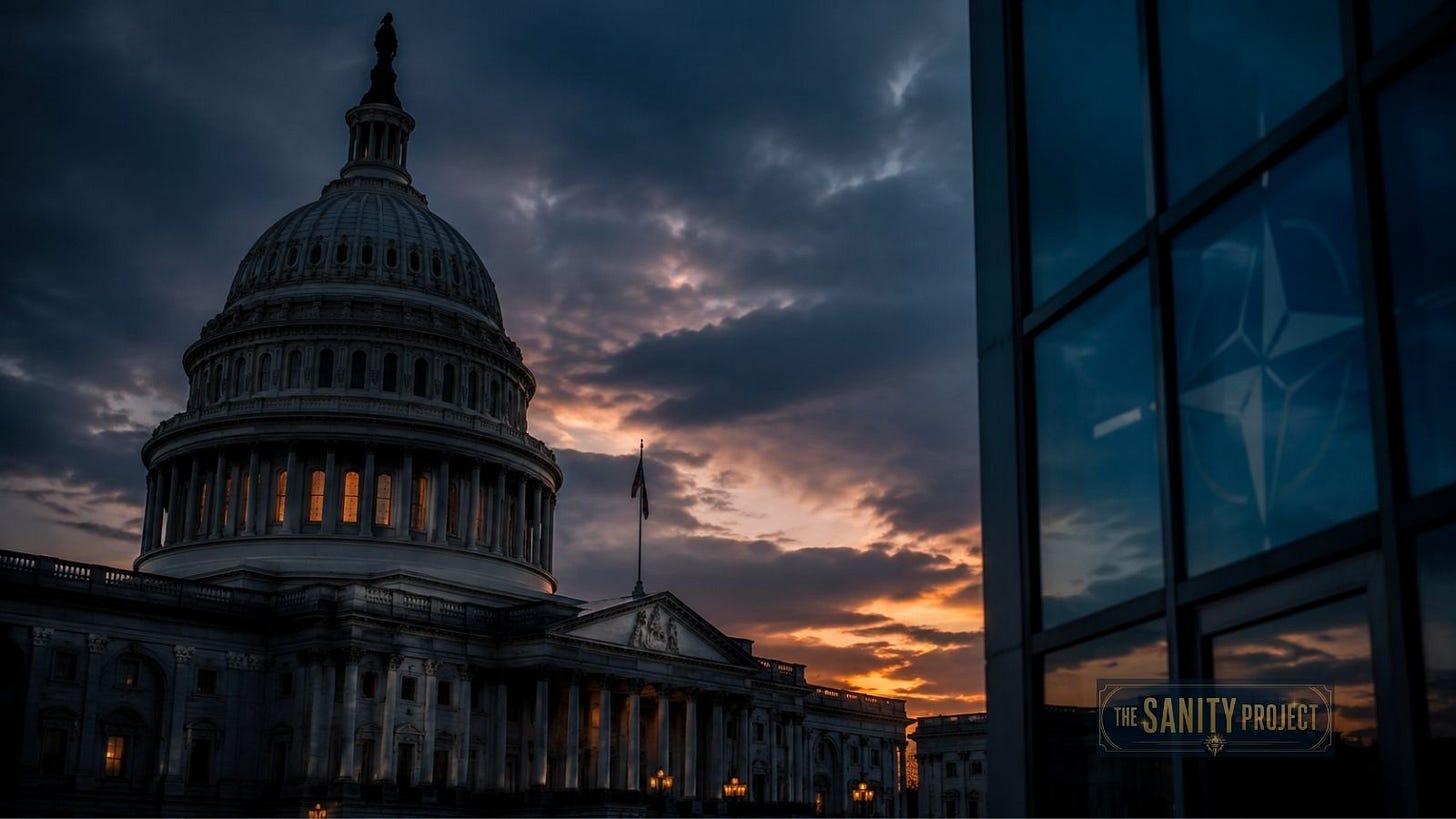 US Capitol building at dusk with a faint NATO flag reflected in the windows, symbolizing Congress’s limited power over Article 5 decisions US Capitol building at dusk with a faint NATO flag reflected in the windows, symbolizing Congress’s limited power over Article 5 decisions