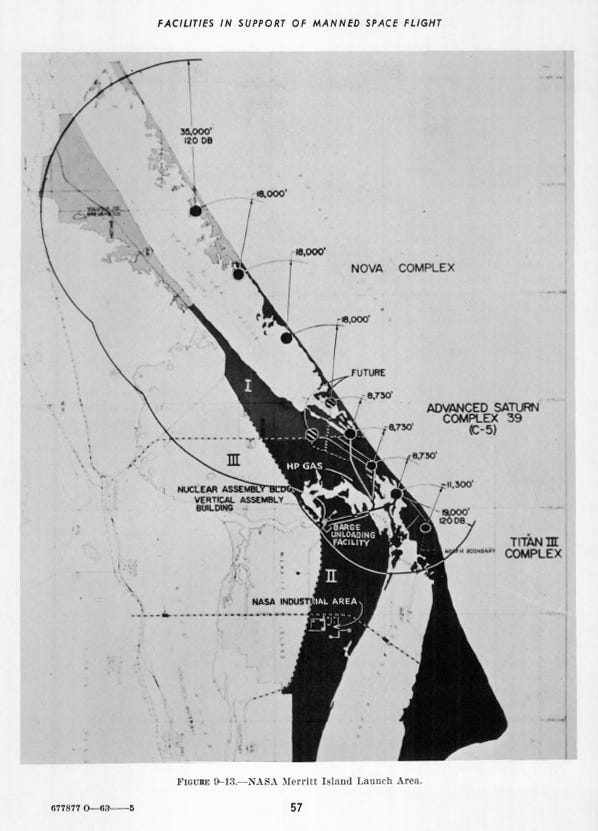 A February 1963 image from the NASA Program Plans conference meeting showing future facilities at Merrit Island.  Three launch pads are shown at Complex 39 for Saturn rockets.  Northwest of this complex are projected launch sites for Project Nova.  Next to the Vertical Assembly Building is a Nuclear Assembly Building.  The nuclear launch sites and support facilities were never built.